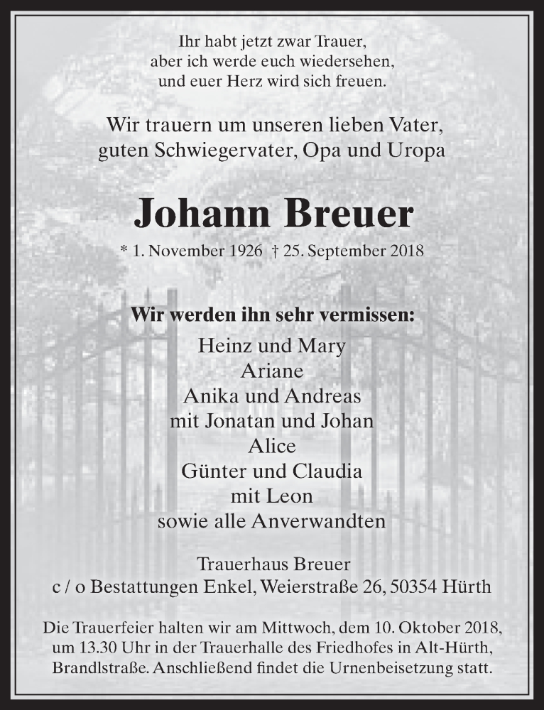  Traueranzeige für Johann Breuer vom 03.10.2018 aus  Wochenende 