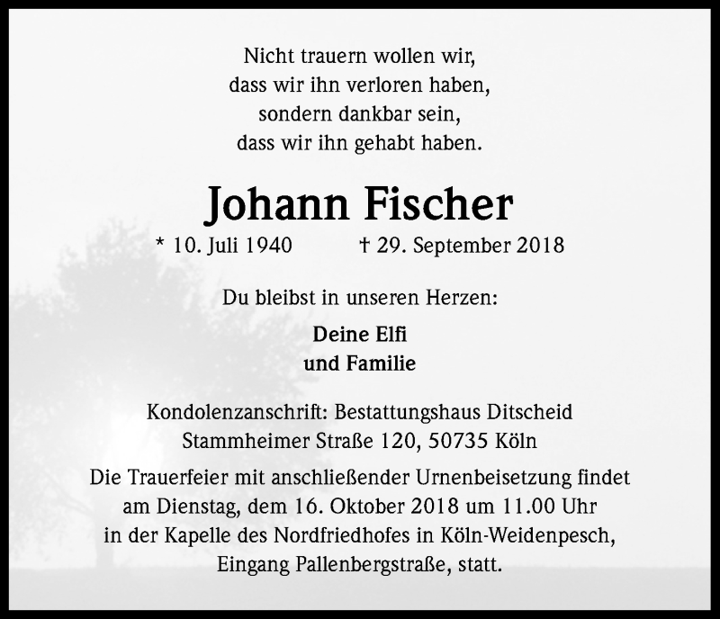  Traueranzeige für Johann Fischer vom 13.10.2018 aus Kölner Stadt-Anzeiger / Kölnische Rundschau / Express