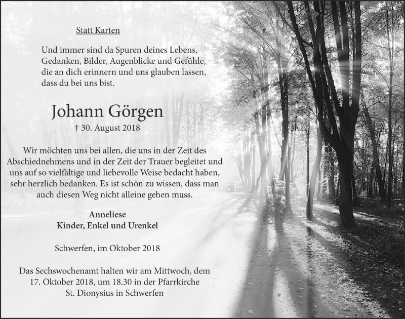  Traueranzeige für Johann Görgen vom 06.10.2018 aus  Blickpunkt Euskirchen 