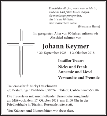 Anzeige von Johann Keymer von  Sonntags-Post 