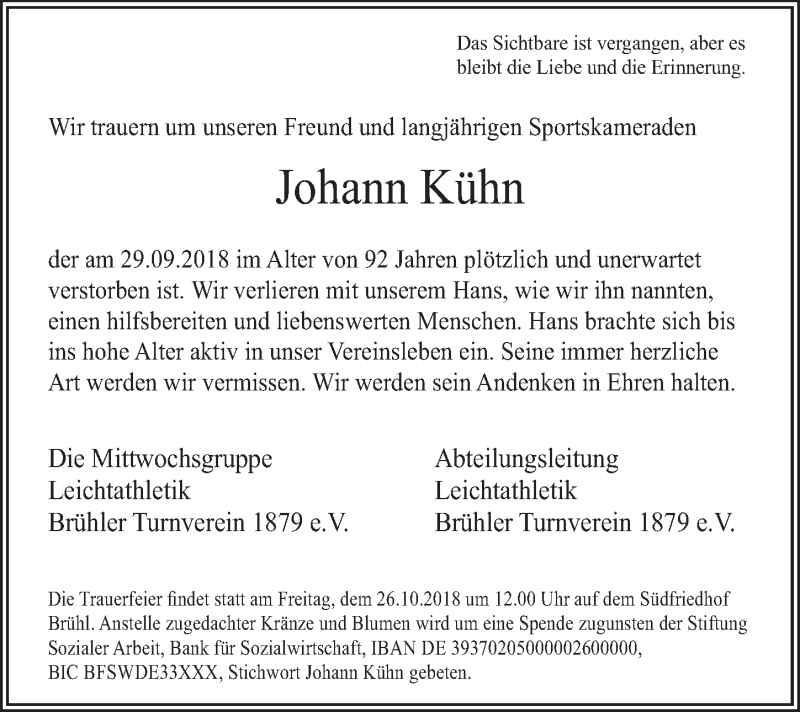  Traueranzeige für Johann Kühn vom 10.10.2018 aus  Schlossbote/Werbekurier 