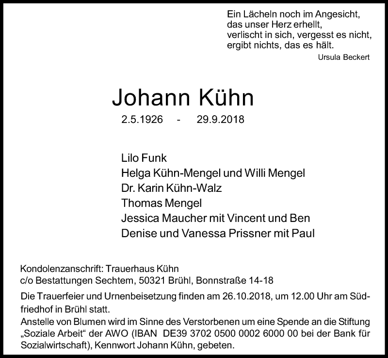  Traueranzeige für Johann Kühn vom 10.10.2018 aus Kölner Stadt-Anzeiger / Kölnische Rundschau / Express