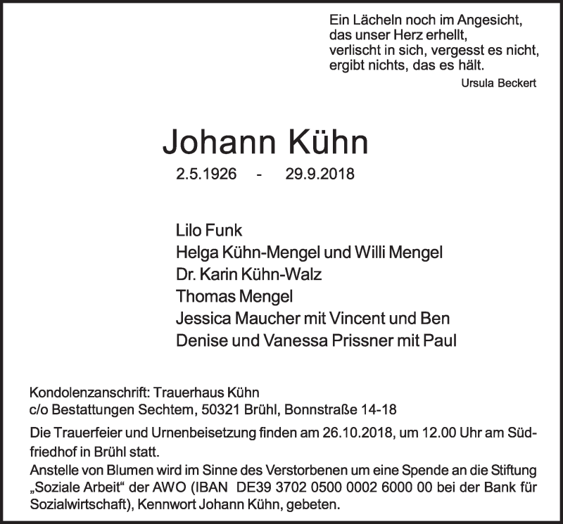  Traueranzeige für Johann Kühn vom 10.10.2018 aus  Schlossbote/Werbekurier 