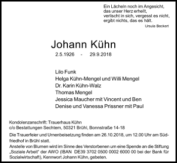 Anzeige von Johann Kühn von Kölner Stadt-Anzeiger / Kölnische Rundschau / Express