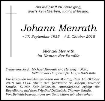 Anzeige von Johann Menrath von Kölner Stadt-Anzeiger / Kölnische Rundschau / Express