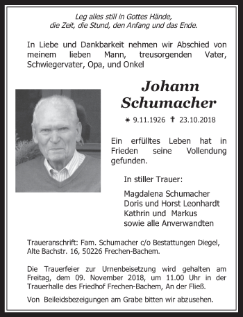 Anzeige von Johann Schumacher von  Wochenende 
