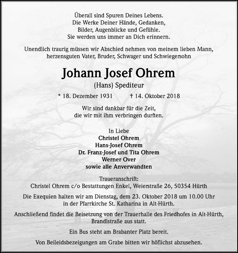  Traueranzeige für Johann Josef Ohrem vom 19.10.2018 aus Kölner Stadt-Anzeiger / Kölnische Rundschau / Express