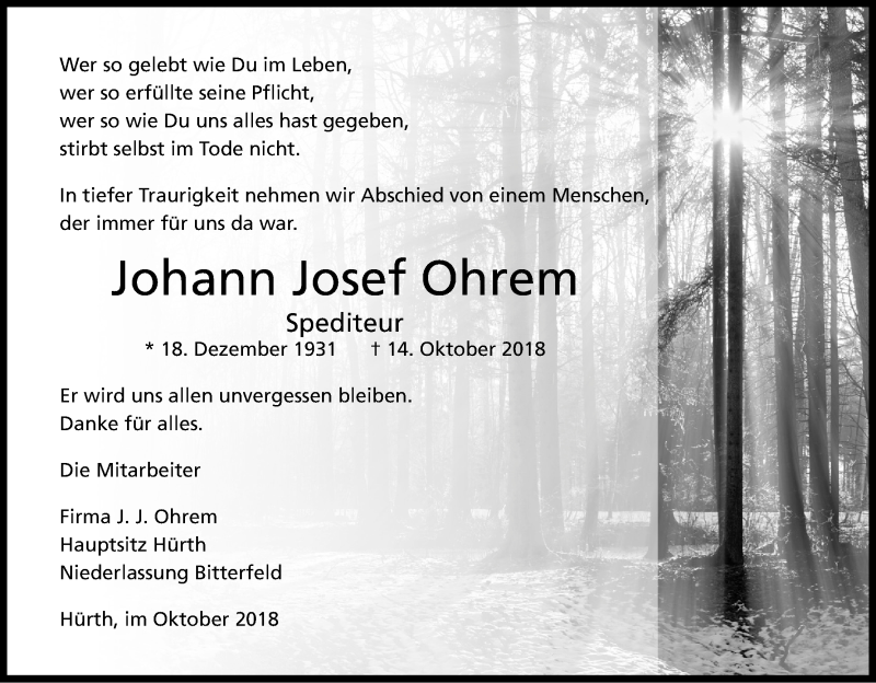  Traueranzeige für Johann Josef Ohrem vom 19.10.2018 aus Kölner Stadt-Anzeiger / Kölnische Rundschau / Express