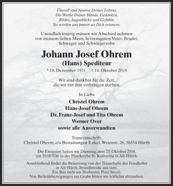Anzeige von Johann Josef Ohrem von  Wochenende 