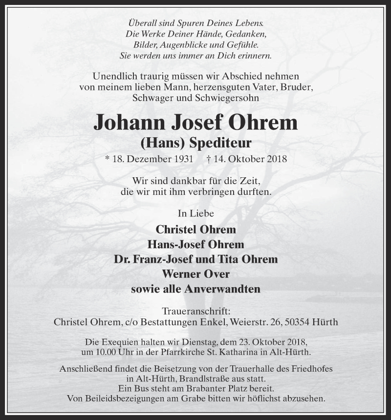  Traueranzeige für Johann Josef Ohrem vom 17.10.2018 aus  Wochenende 