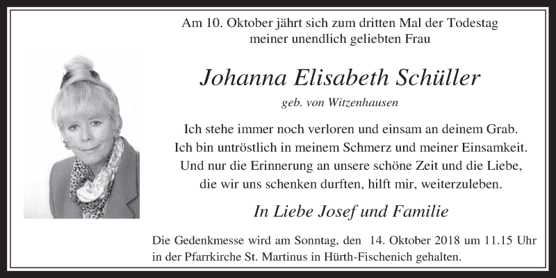  Traueranzeige für Johanna Elisabeth Schüller vom 03.10.2018 aus  Wochenende 