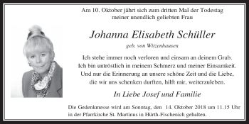 Anzeige von Johanna Elisabeth Schüller von  Wochenende 