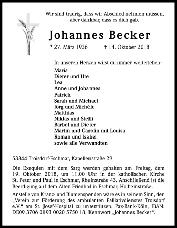 Anzeige von Johannes Becker von Kölner Stadt-Anzeiger / Kölnische Rundschau / Express