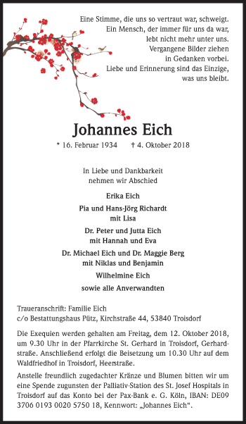 Anzeige von Johannes Eich von Kölner Stadt-Anzeiger / Kölnische Rundschau / Express