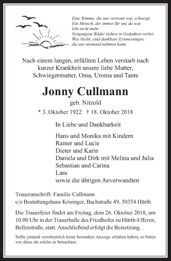 Anzeige von Jonny Cullmann von  Wochenende 