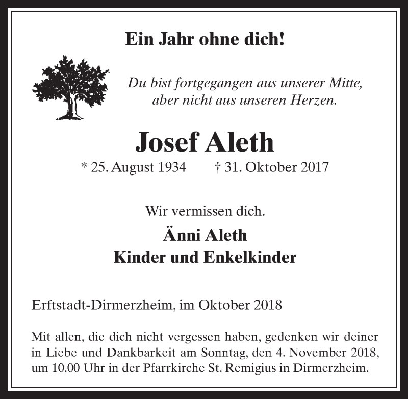  Traueranzeige für Josef Aleth vom 31.10.2018 aus  Werbepost 