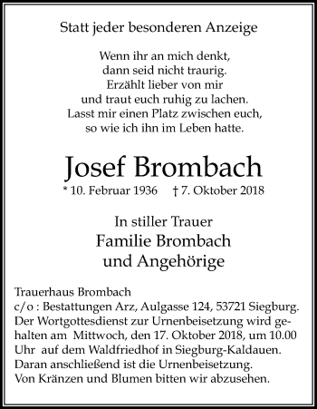 Anzeige von Josef Brombach von Kölner Stadt-Anzeiger / Kölnische Rundschau / Express