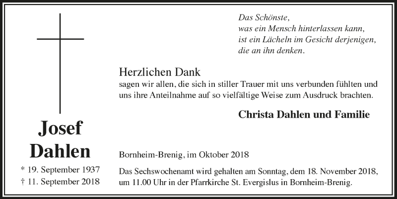  Traueranzeige für Josef Dahlen vom 10.10.2018 aus  Schaufenster/Blickpunkt 