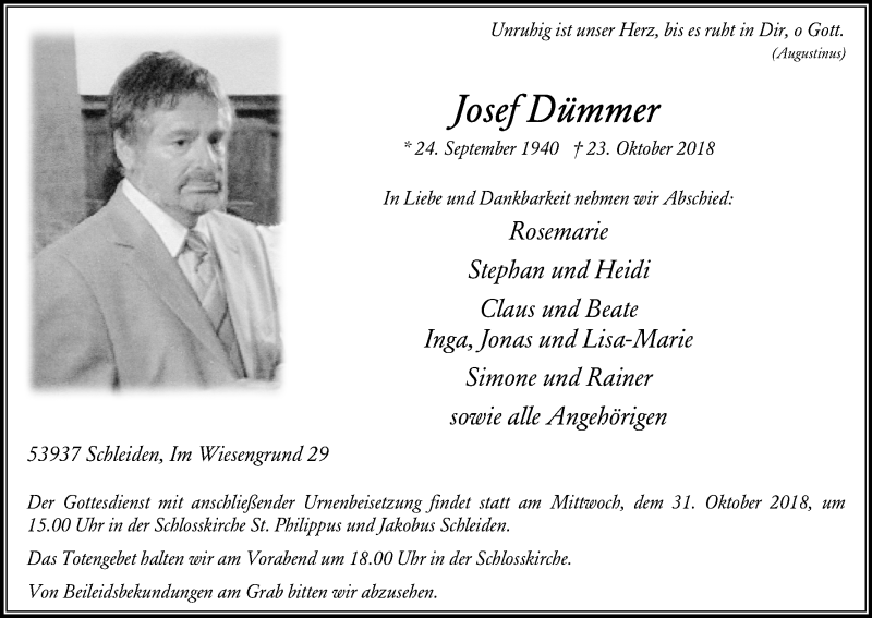  Traueranzeige für Josef Dümmer vom 27.10.2018 aus Kölner Stadt-Anzeiger / Kölnische Rundschau / Express