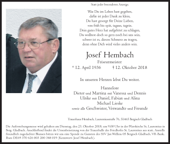 Anzeige von Josef Hembach von Kölner Stadt-Anzeiger / Kölnische Rundschau / Express