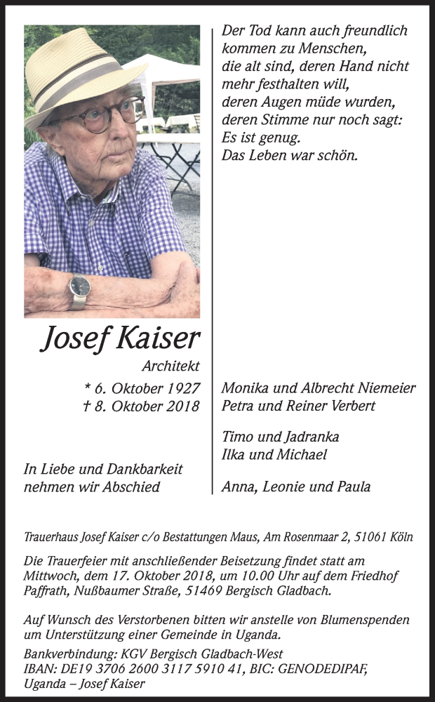  Traueranzeige für Josef Kaiser vom 13.10.2018 aus Kölner Stadt-Anzeiger / Kölnische Rundschau / Express