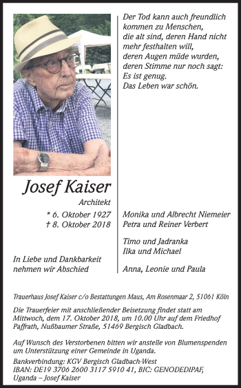Anzeige von Josef Kaiser von Kölner Stadt-Anzeiger / Kölnische Rundschau / Express