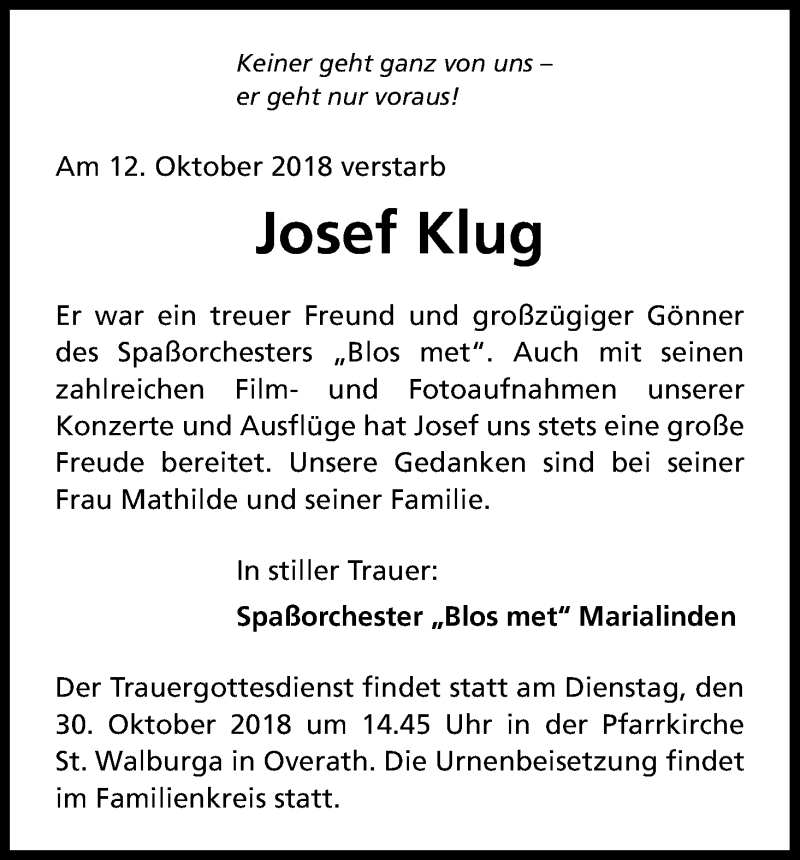  Traueranzeige für Josef Klug vom 24.10.2018 aus Kölner Stadt-Anzeiger / Kölnische Rundschau / Express