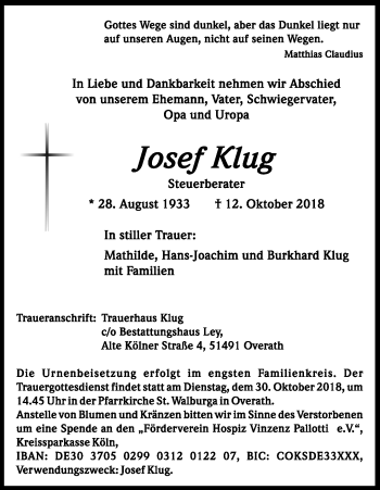 Anzeige von Josef Klug von Kölner Stadt-Anzeiger / Kölnische Rundschau / Express