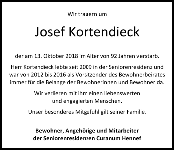 Anzeige von Josef Kortendieck von Kölner Stadt-Anzeiger / Kölnische Rundschau / Express