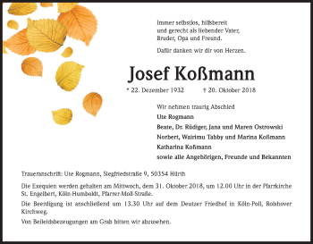 Anzeige von Josef Koßmann von Kölner Stadt-Anzeiger / Kölnische Rundschau / Express