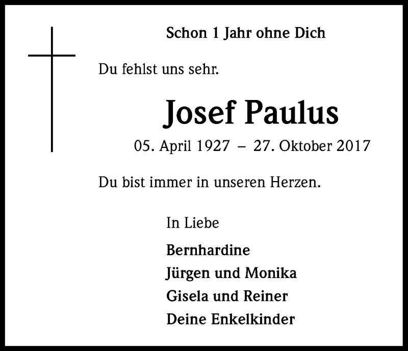  Traueranzeige für Josef Paulus vom 27.10.2018 aus Kölner Stadt-Anzeiger / Kölnische Rundschau / Express