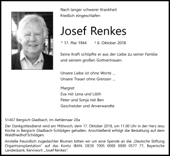 Anzeige von Josef Renkes von Kölner Stadt-Anzeiger / Kölnische Rundschau / Express