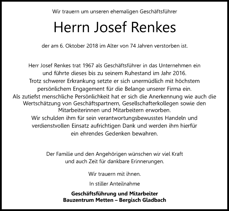  Traueranzeige für Josef Renkes vom 10.10.2018 aus Kölner Stadt-Anzeiger / Kölnische Rundschau / Express