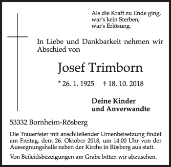 Anzeige von Josef Trimborn von  Schlossbote/Werbekurier 