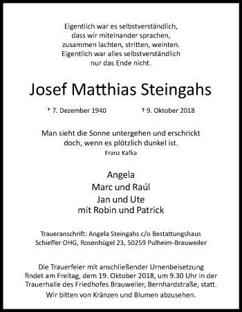 Anzeige von Josef Matthias Steingahs von Kölner Stadt-Anzeiger / Kölnische Rundschau / Express