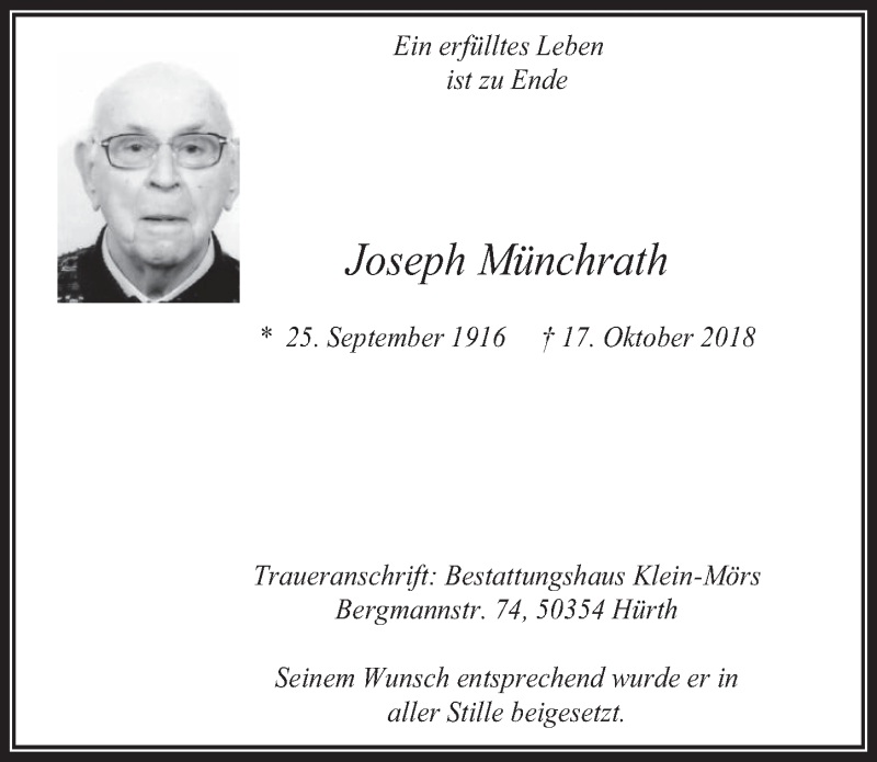  Traueranzeige für Joseph Münchrath vom 31.10.2018 aus  Wochenende 