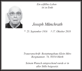 Anzeige von Joseph Münchrath von  Wochenende 