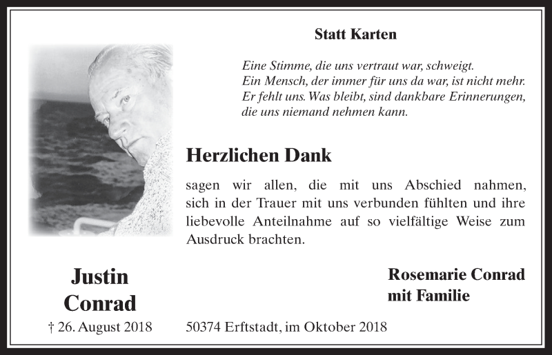  Traueranzeige für Justin Conrad vom 17.10.2018 aus  Werbepost 