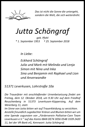Anzeige von Jutta Schöngraf von Kölner Stadt-Anzeiger / Kölnische Rundschau / Express