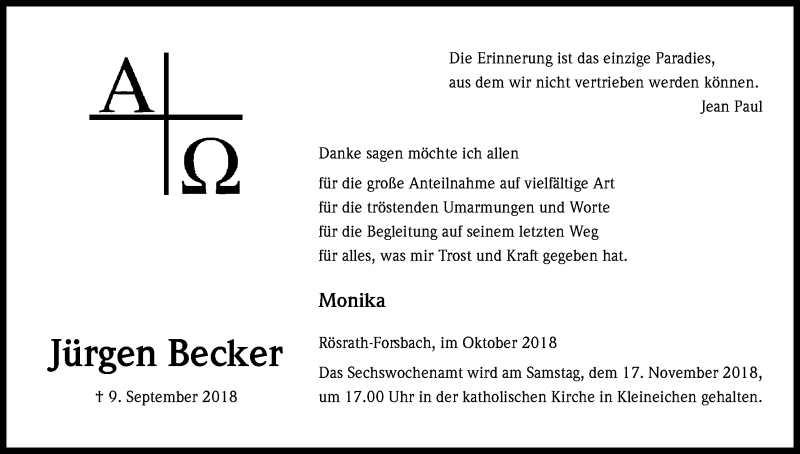  Traueranzeige für Jürgen Becker vom 27.10.2018 aus Kölner Stadt-Anzeiger / Kölnische Rundschau / Express