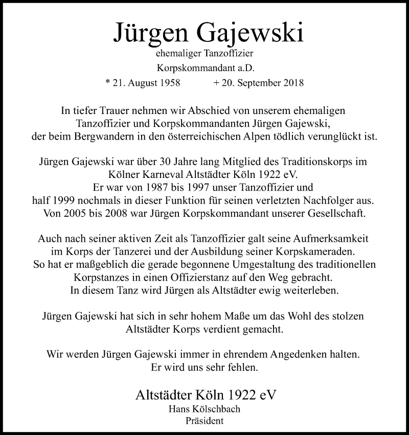  Traueranzeige für Jürgen Gajewski vom 20.10.2018 aus Kölner Stadt-Anzeiger / Kölnische Rundschau / Express