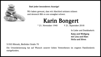 Anzeige von Karin Bongert von Kölner Stadt-Anzeiger / Kölnische Rundschau / Express