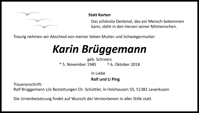  Traueranzeige für Karin Brüggemann vom 13.10.2018 aus Kölner Stadt-Anzeiger / Kölnische Rundschau / Express