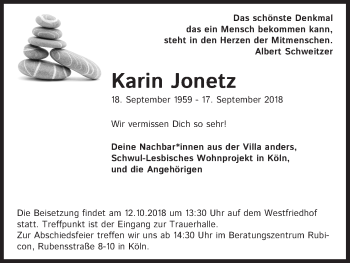 Anzeige von Karin Jonetz von Kölner Stadt-Anzeiger / Kölnische Rundschau / Express