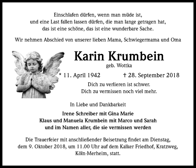  Traueranzeige für Karin Krumbein vom 06.10.2018 aus Kölner Stadt-Anzeiger / Kölnische Rundschau / Express