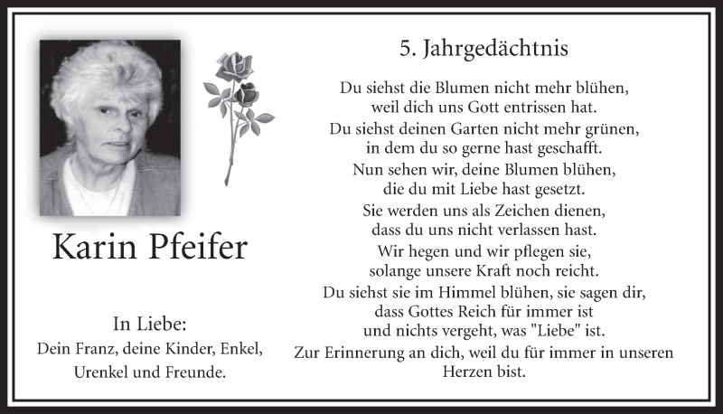  Traueranzeige für Karin Pfeifer vom 27.10.2018 aus  Sonntags-Post 