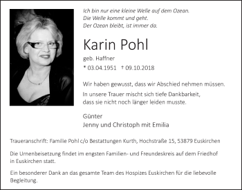 Anzeige von Karin Pohl von  Blickpunkt Euskirchen 