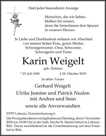 Anzeige von Karin Weigelt von Kölner Stadt-Anzeiger / Kölnische Rundschau / Express