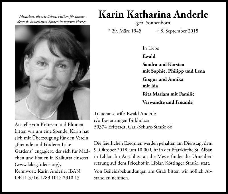  Traueranzeige für Karin Katharina Anderle vom 02.10.2018 aus Kölner Stadt-Anzeiger / Kölnische Rundschau / Express