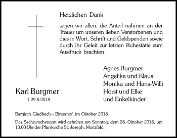 Anzeige von Karl Burgmer von Kölner Stadt-Anzeiger / Kölnische Rundschau / Express